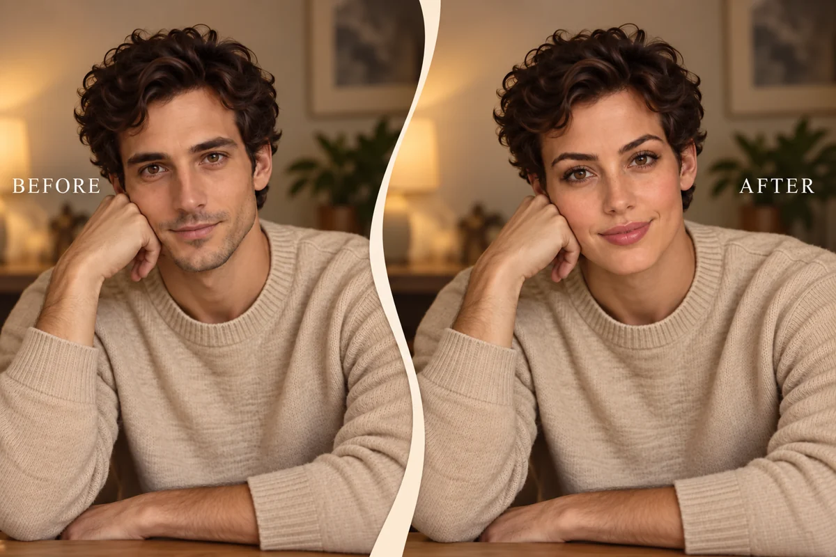 Before-and-after portrait face swap while keeping the target hairstyle