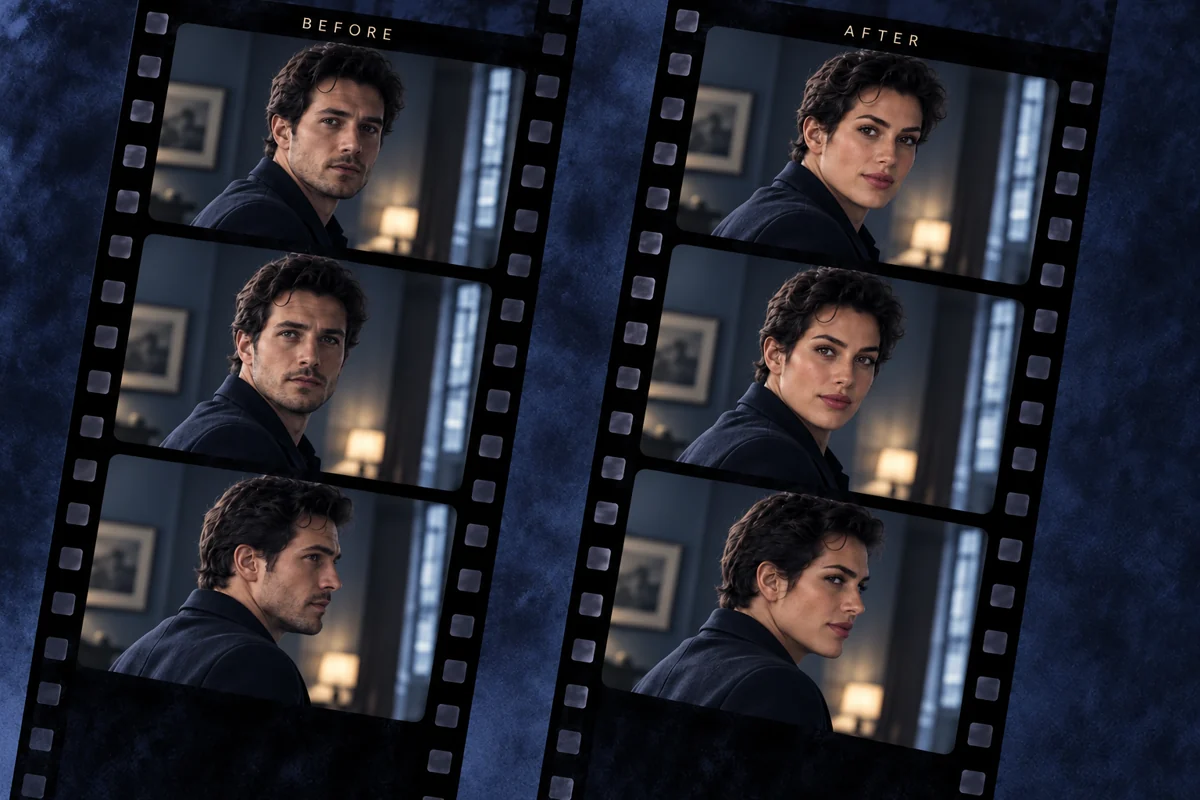 Video face swap shown across three matching film frames