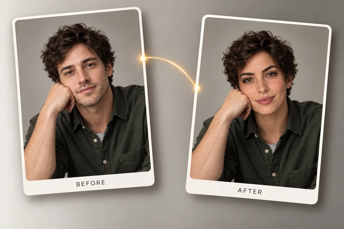 Before-and-after face-swap result on portrait cards