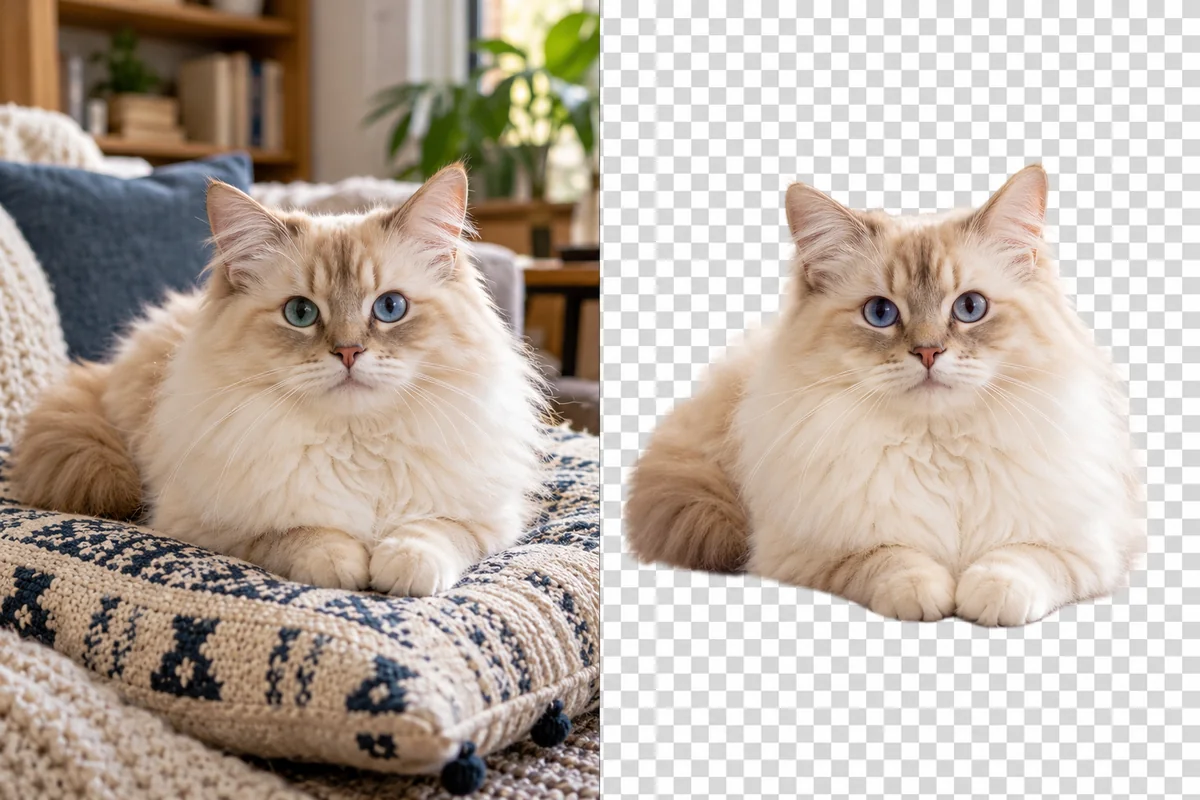 Illustrative fluffy cat with its sofa background removed.