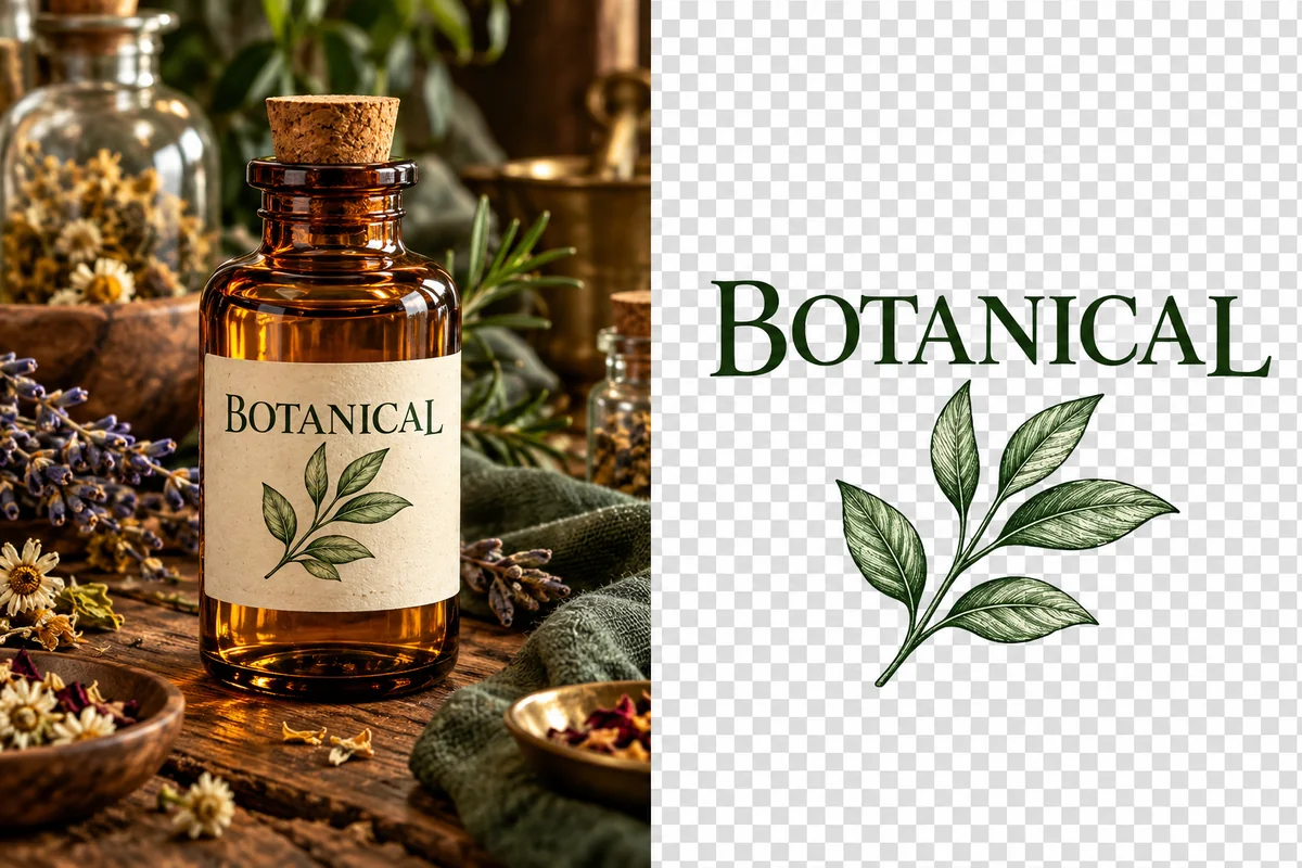The BOTANICAL word and leaf illustration isolated from a product label.