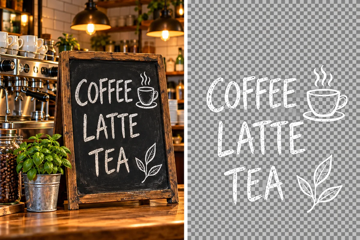 Cafe menu words and chalk drawings isolated from a chalkboard.