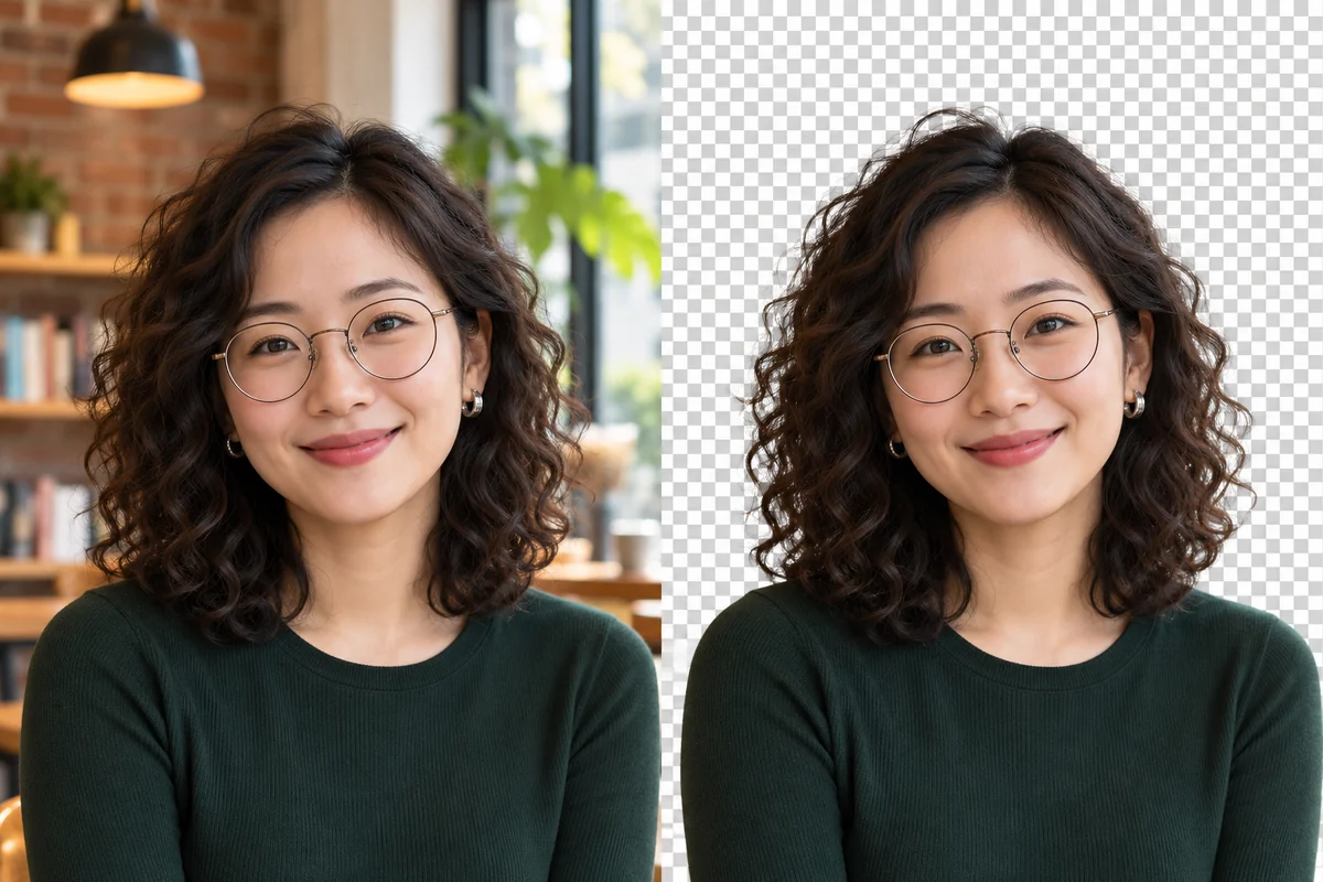 Illustrative portrait cutout retaining curly hair and glasses.