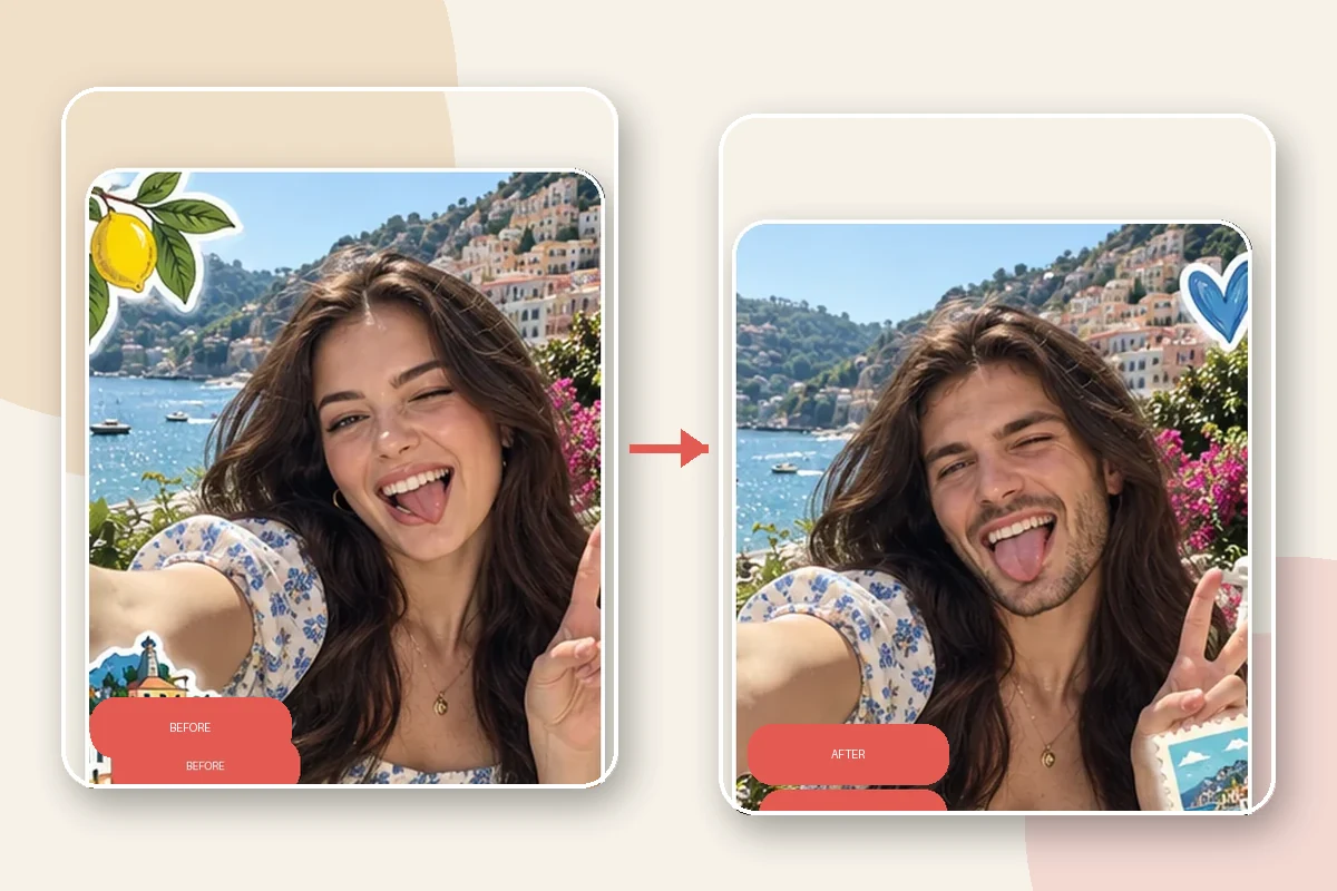 Before-and-after illustration: Reface create gif and short-form swaps
