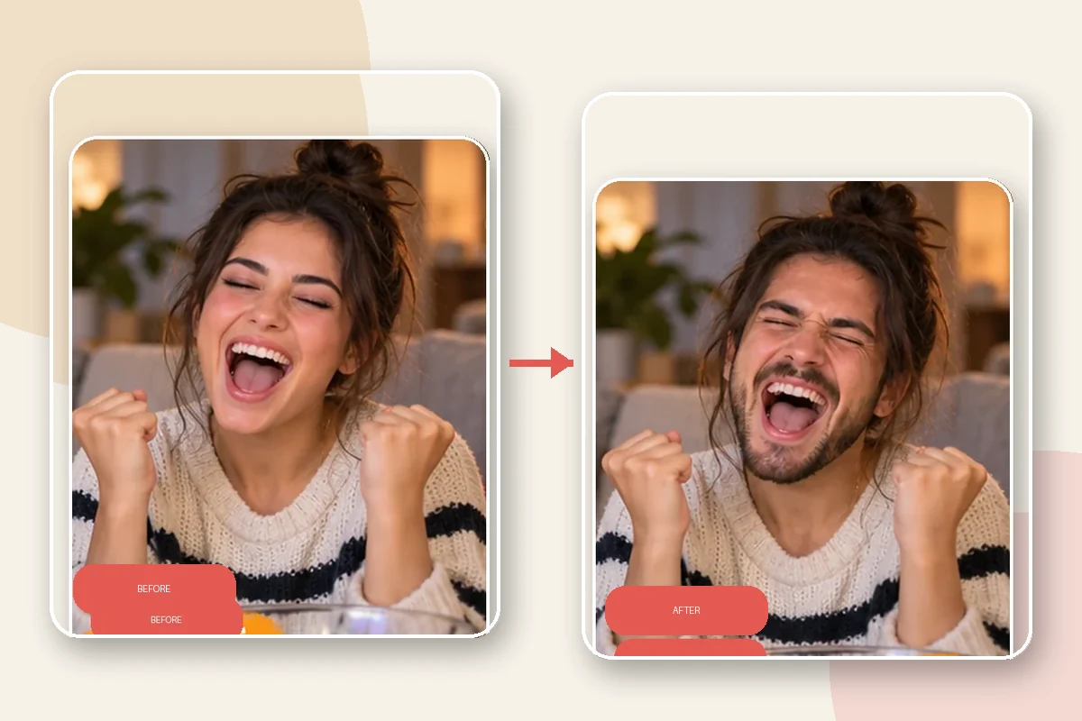 Before-and-after illustration: Reface make a reface video swap
