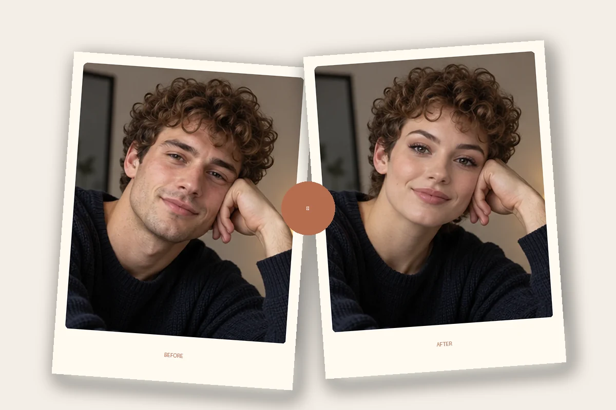 Before-and-after Pica AI face swap, with the target hairstyle and scene unchanged
