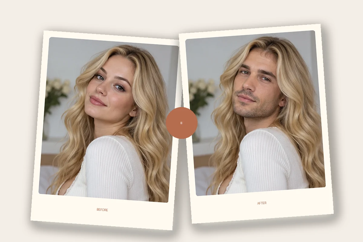 Before-and-after illustration: Pica AI swap faces in photos and artwork