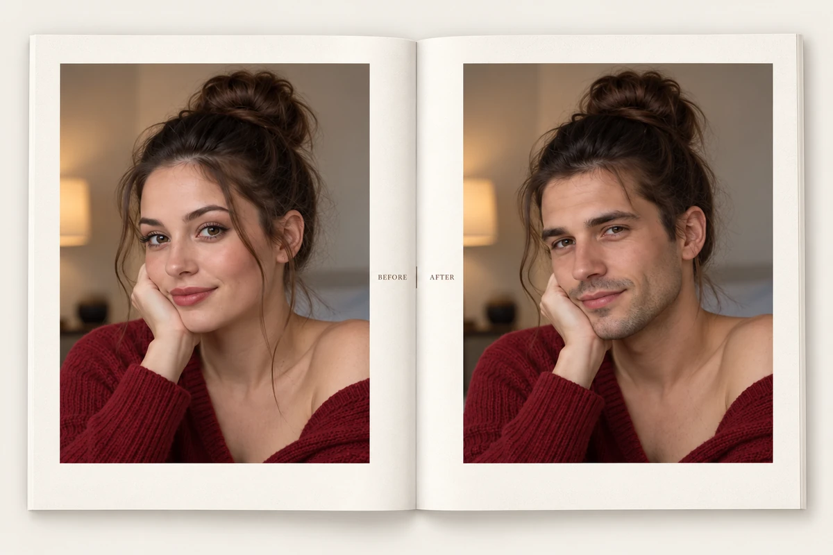 Before-and-after illustration: Pica AI change multiple faces