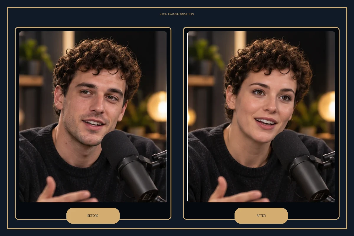 Before-and-after Vozo AI face swap, with the target hairstyle and scene unchanged