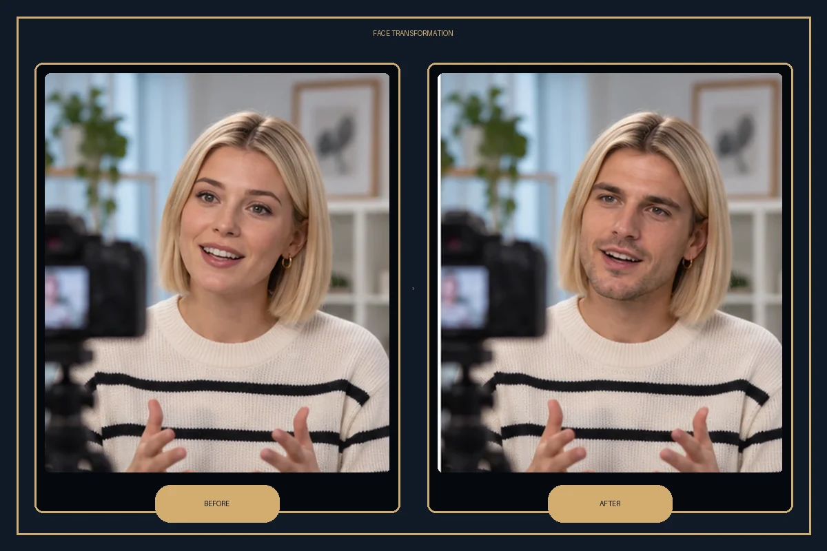 Before-and-after illustration: Vozo AI swap a face in a photo or video