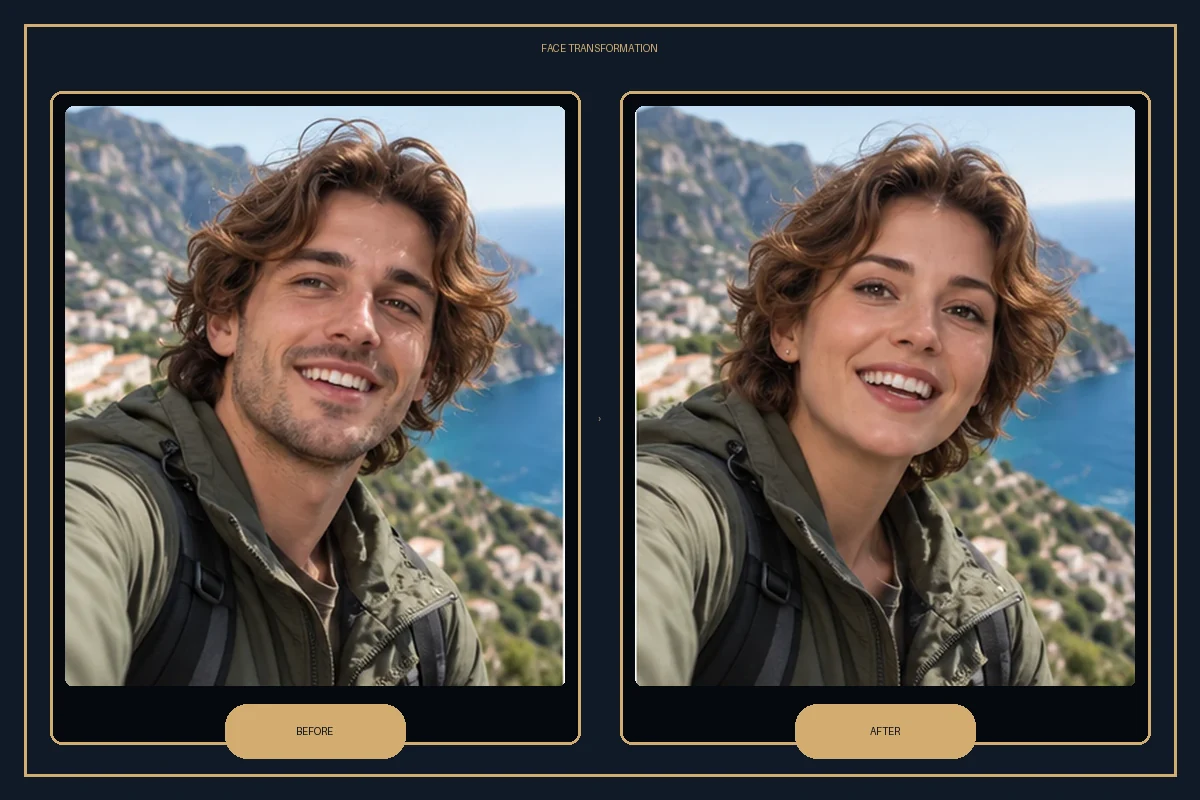 Before-and-after illustration: Vozo AI pair a swap with lip sync