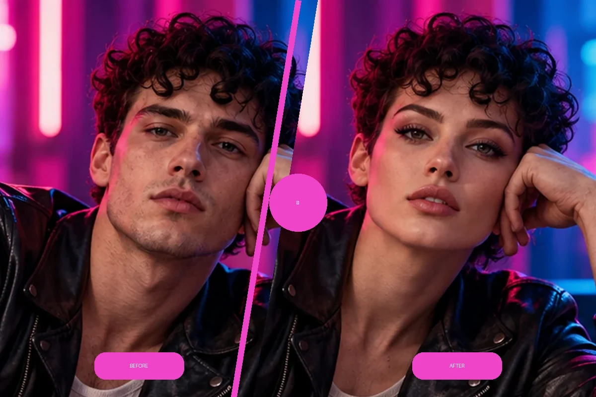 Before-and-after PixNova AI face swap, with the target hairstyle and scene unchanged