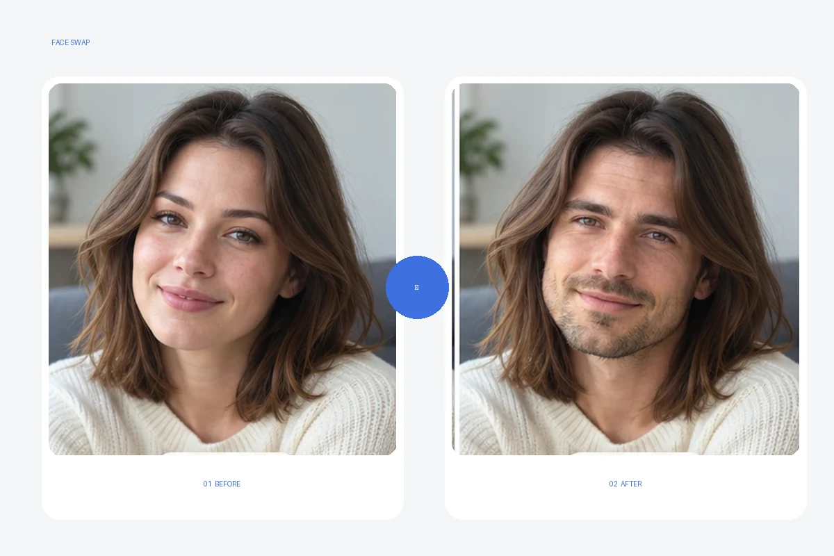 Before-and-after AI Ease face swap, with the target hairstyle and scene unchanged