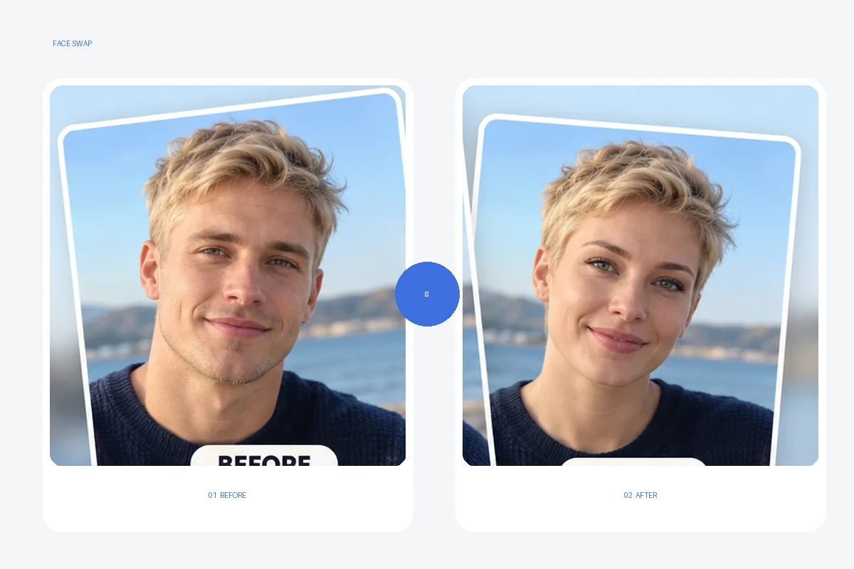 Before-and-after illustration: AI Ease create a photo face swap