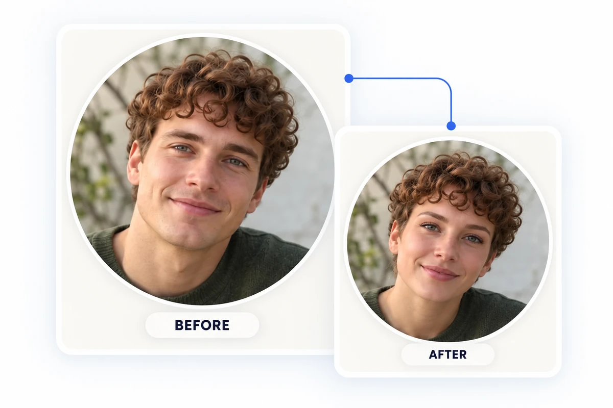 Before-and-after illustration: AI Ease try a face swap video