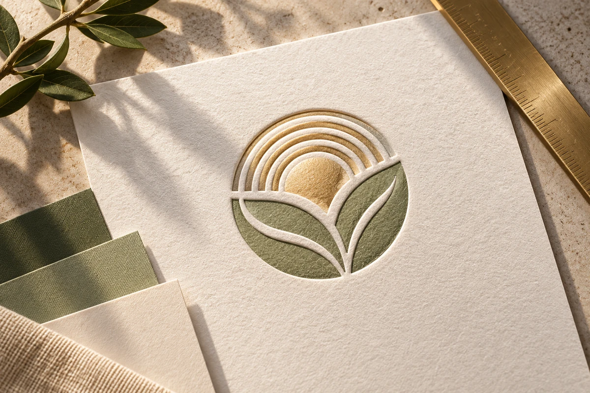 Sutil emblema blanco en relieve sobre papel texturizado