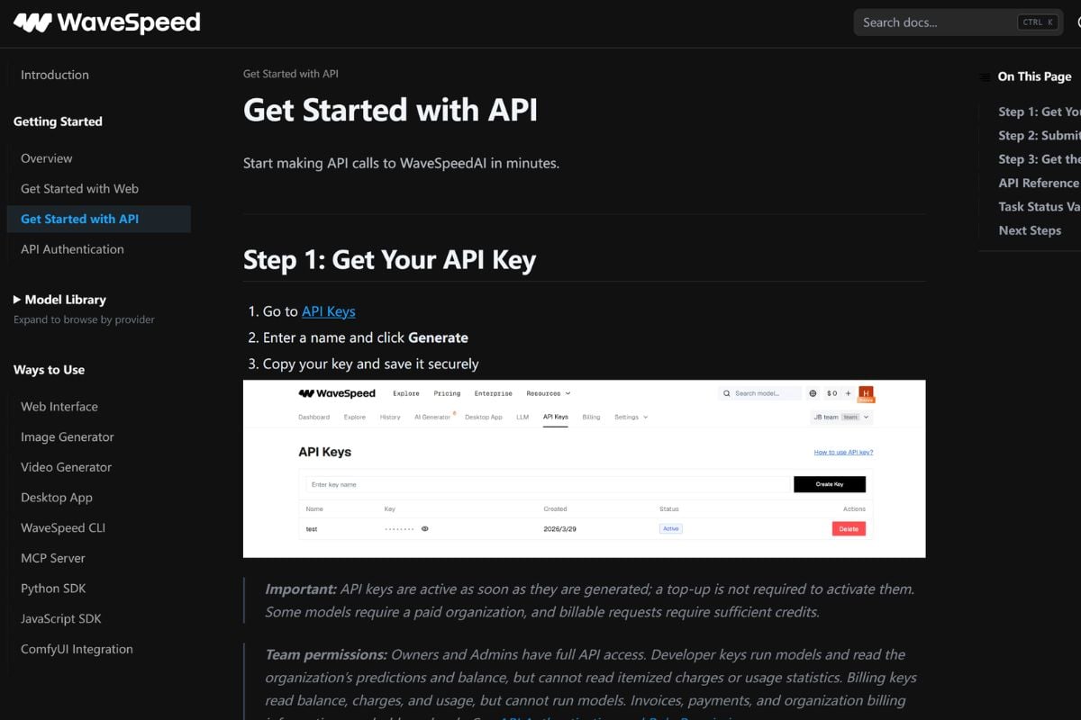 Documentation de l'API WaveSpeed AI montrant une requête et une réponse de modèle
