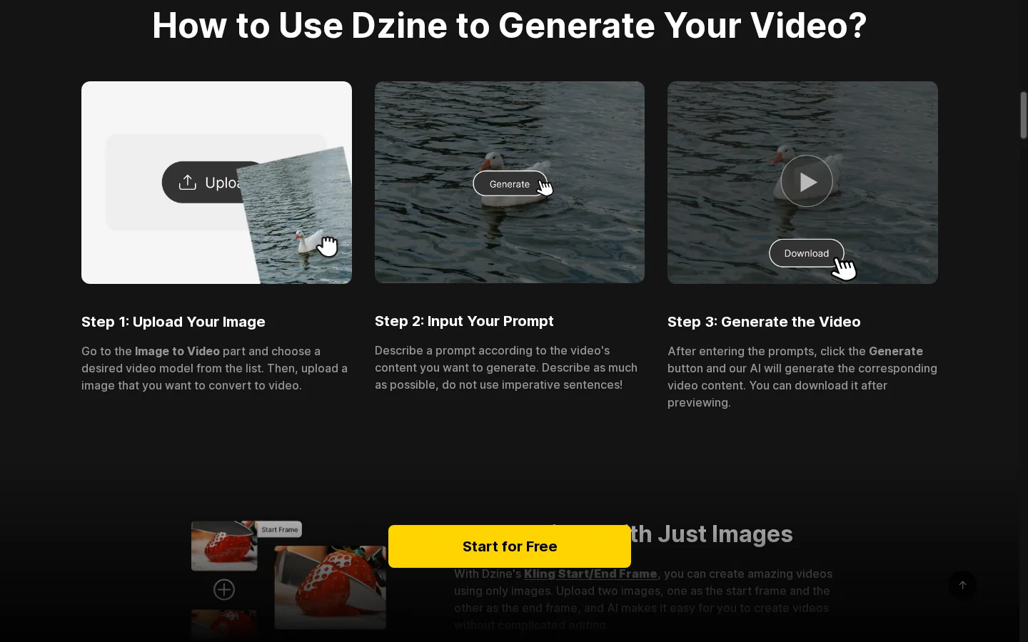 Flusso di lavoro video di Dzine AI con opzioni di input di testo e immagine
