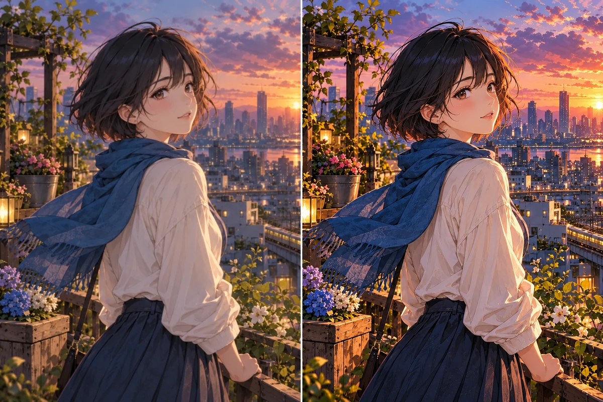Before and after comparison of an anime illustration with clearer detail and balanced color