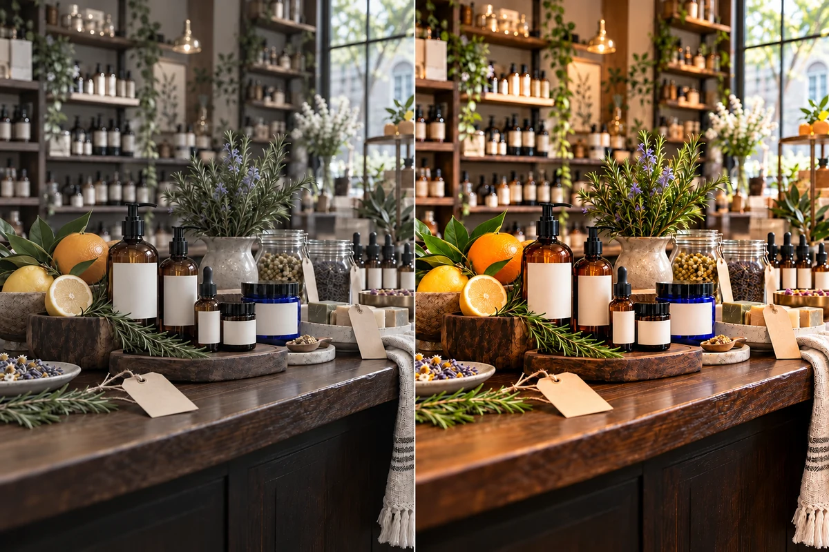 Before and after comparison of a muted product display with naturally enhanced color