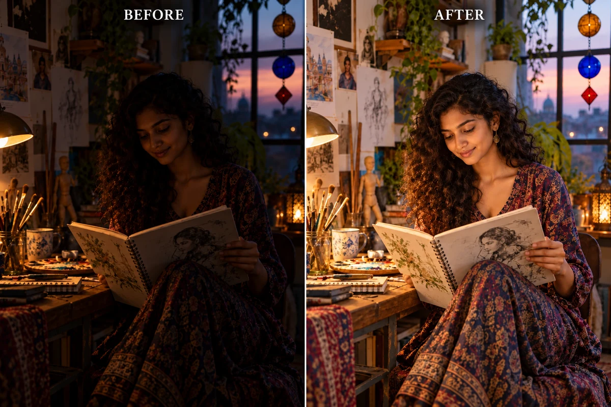 Before and after comparison showing a shadowed portrait with clearer visibility after brightening