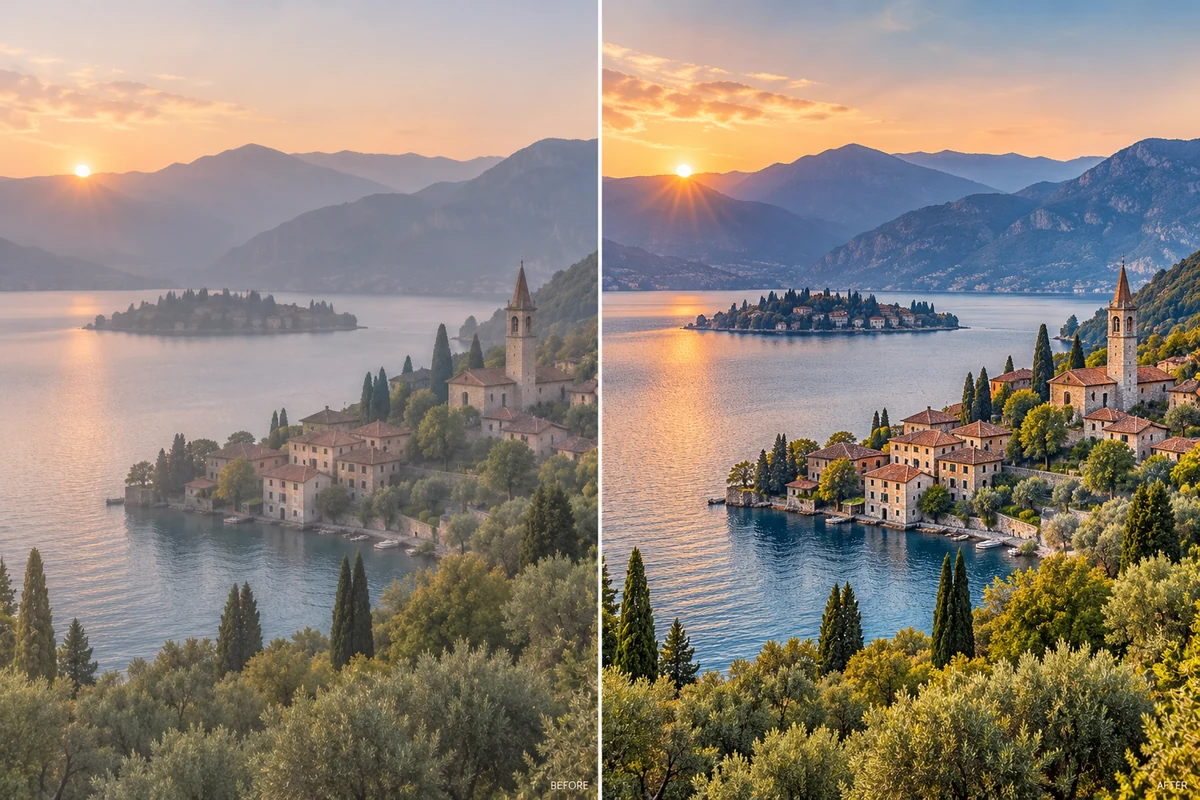 Confronto prima e dopo di una foto di paesaggio per il miglioramento immagini con AI
