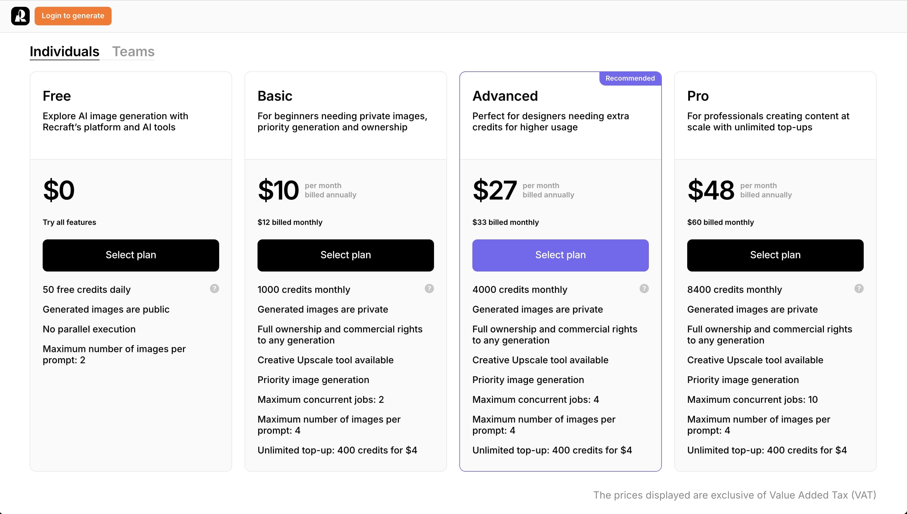 Recraft V3 Pricing